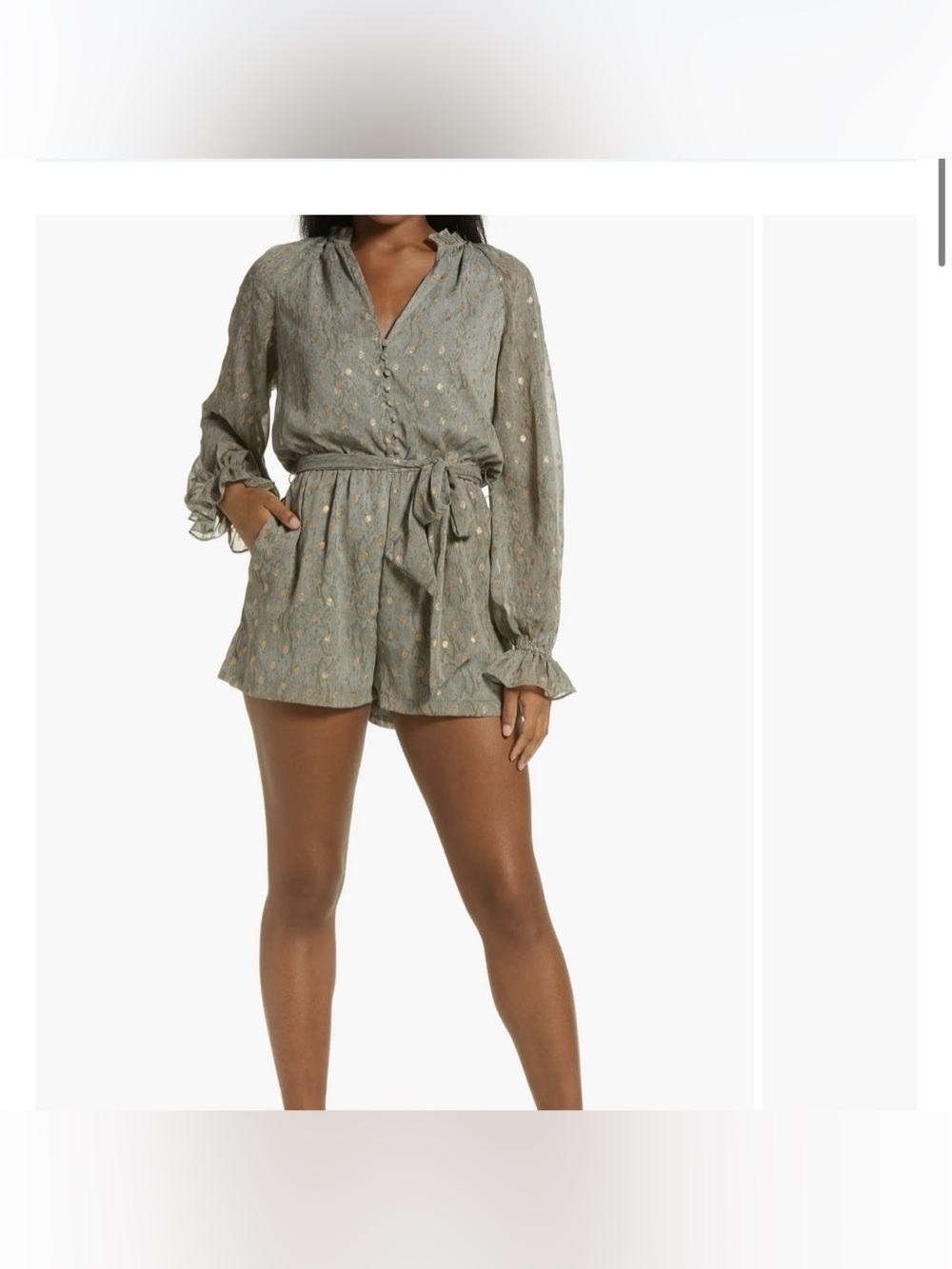 BTFL-life Snake Print Gray Gold Polka Dot Long Sleeve Romper Ruffle Evening Sz M